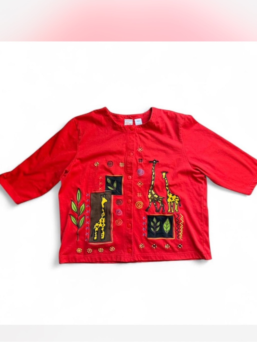 Vintage Onque Casuals red cardigan giraffe appliques women’s large embroidered